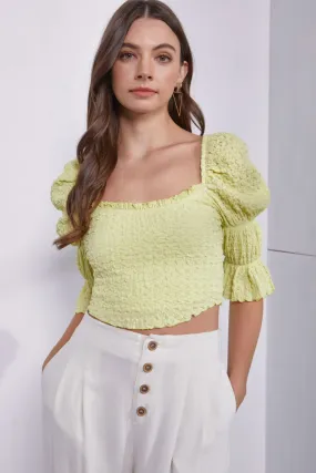 🌼 MUSTARD SEED Crinkle Texture Puff Sleeve Crop Top 🌼