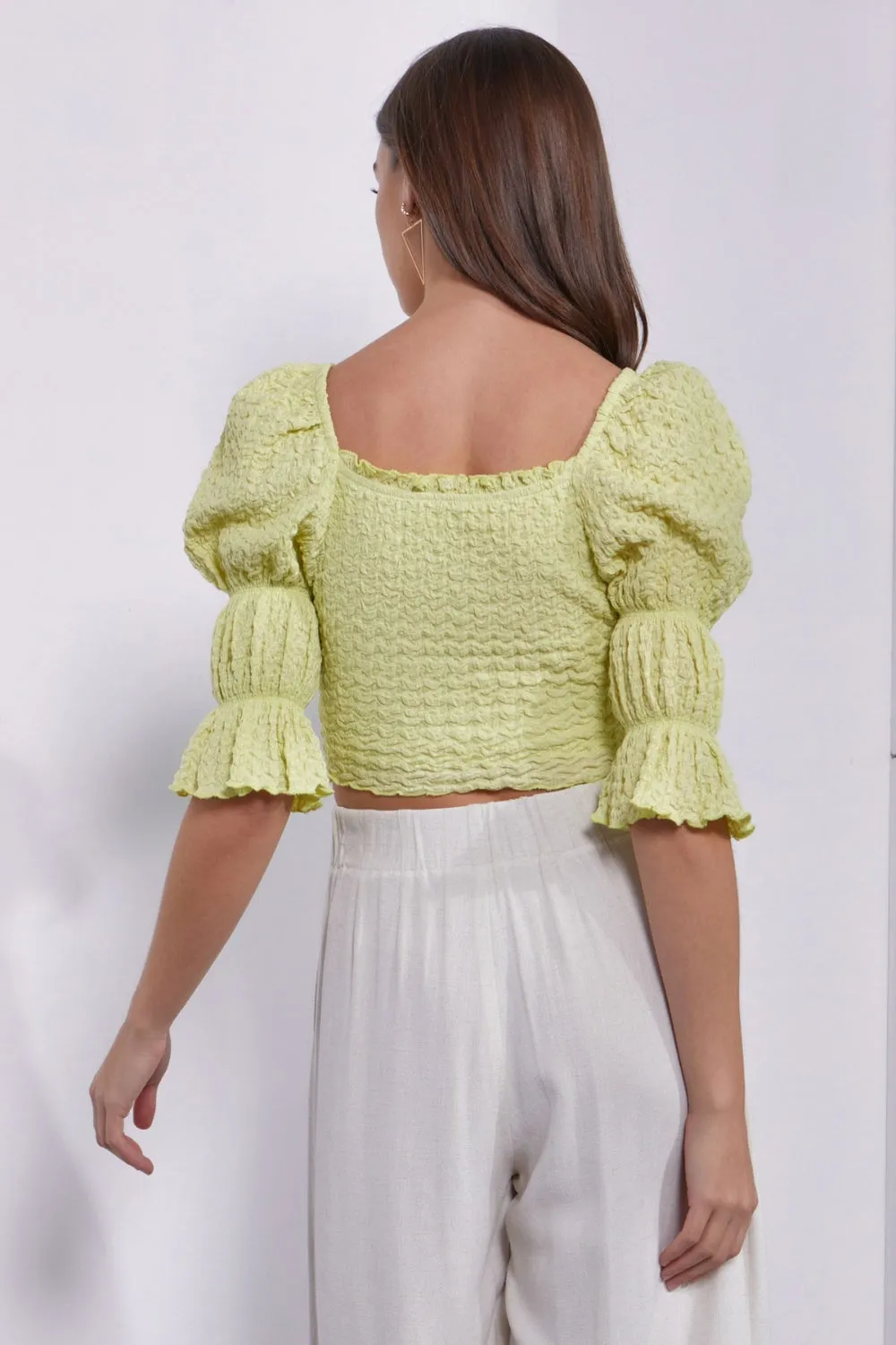🌼 MUSTARD SEED Crinkle Texture Puff Sleeve Crop Top 🌼