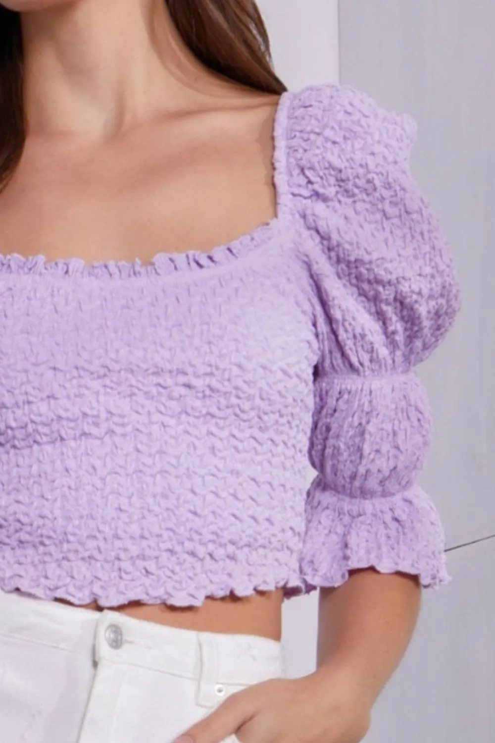 🌼 MUSTARD SEED Crinkle Texture Puff Sleeve Crop Top 🌼