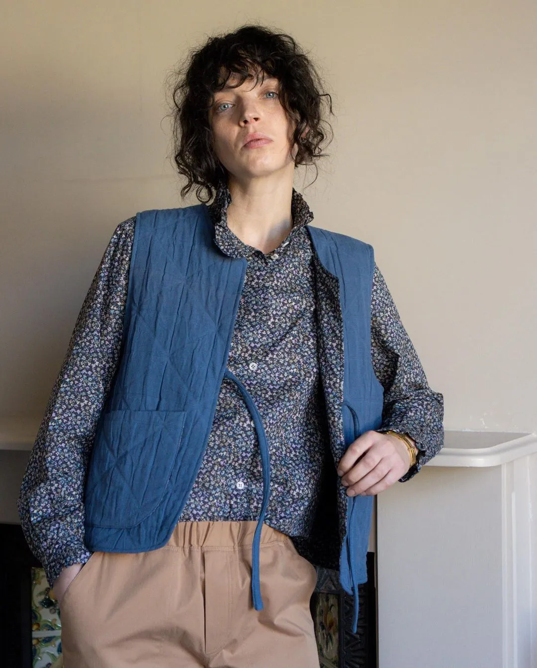 Amy Jacquard Quilt Gilet in Blue with Liberty Lining by Elwin