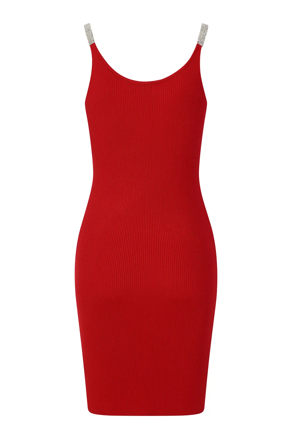 Angelina Red Diamante Strap Ribbed Knitted Pencil Midi Bodycon Dress