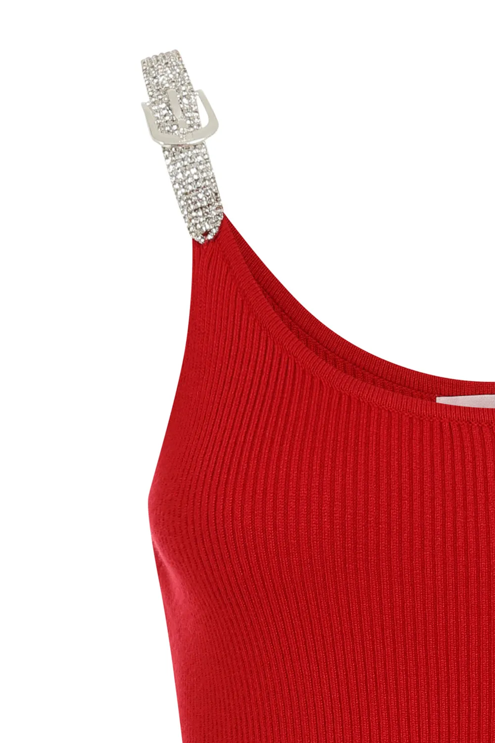 Angelina Red Diamante Strap Ribbed Knitted Pencil Midi Bodycon Dress