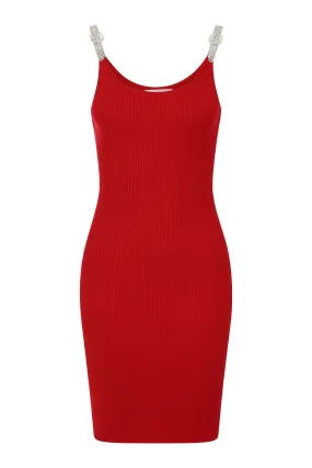 Angelina Red Diamante Strap Ribbed Knitted Pencil Midi Bodycon Dress