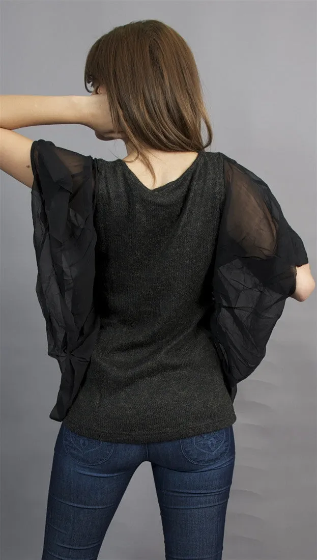 Aryn K. Sheer Black Flutter Sleeve Tunic with Ribbed Fabric