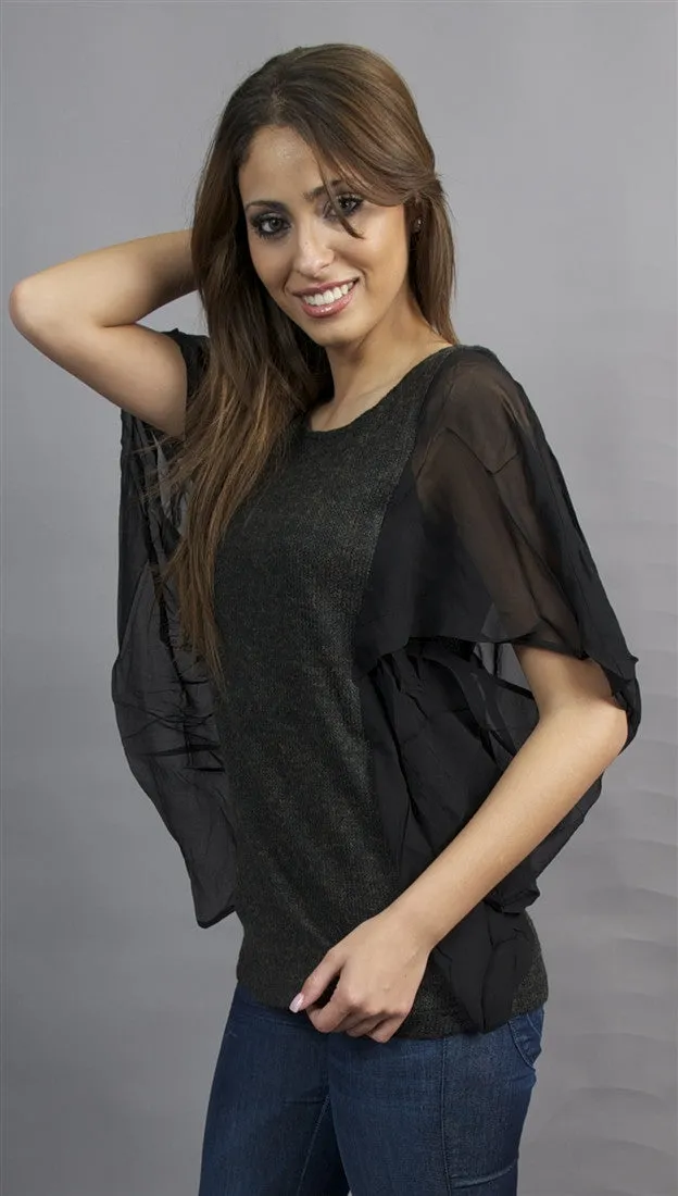 Aryn K. Sheer Black Flutter Sleeve Tunic with Ribbed Fabric