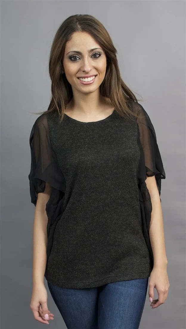 Aryn K. Sheer Black Flutter Sleeve Tunic with Ribbed Fabric