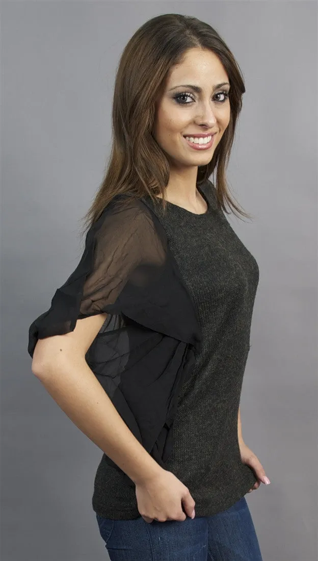 Aryn K. Sheer Black Flutter Sleeve Tunic with Ribbed Fabric