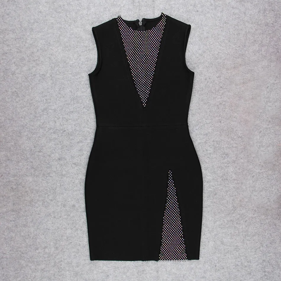 Aubrie V-Neck Diamond Mesh Bodycon Bandage Dress
