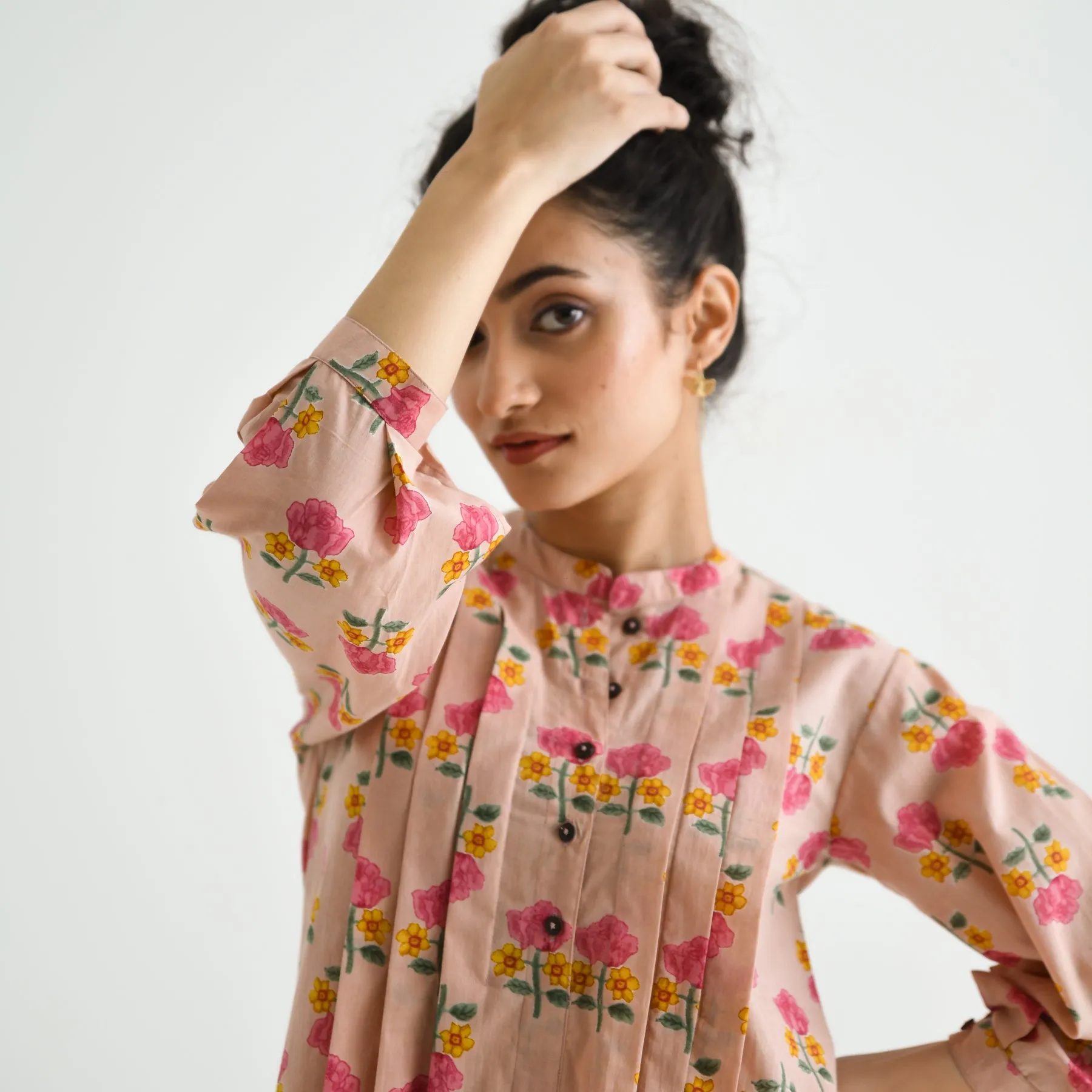 Baby Pink Floral Printed Cotton Tunic with Pintuck & Button Details