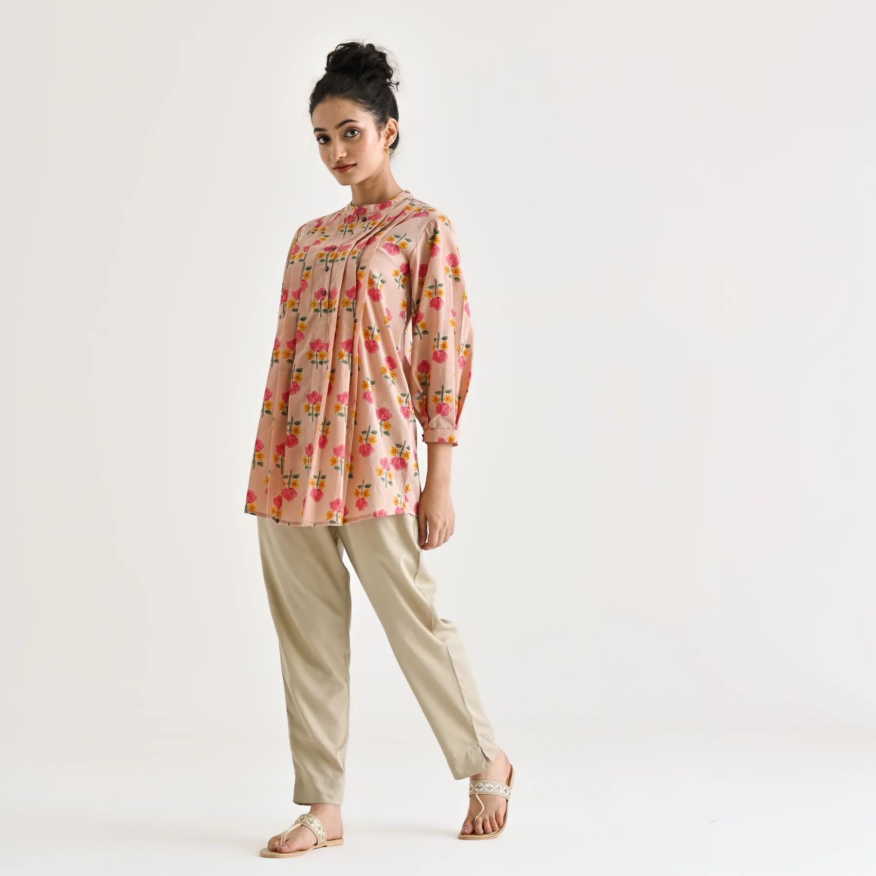 Baby Pink Floral Printed Cotton Tunic with Pintuck & Button Details