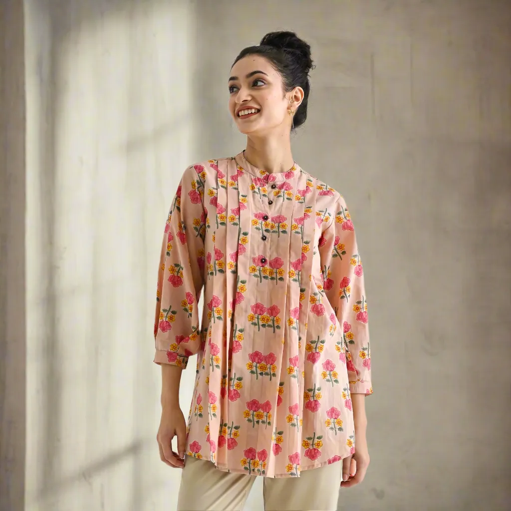 Baby Pink Floral Printed Cotton Tunic with Pintuck & Button Details
