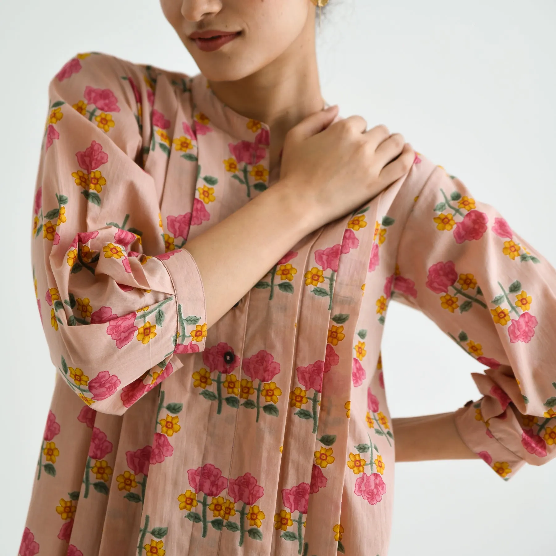 Baby Pink Floral Printed Cotton Tunic with Pintuck & Button Details