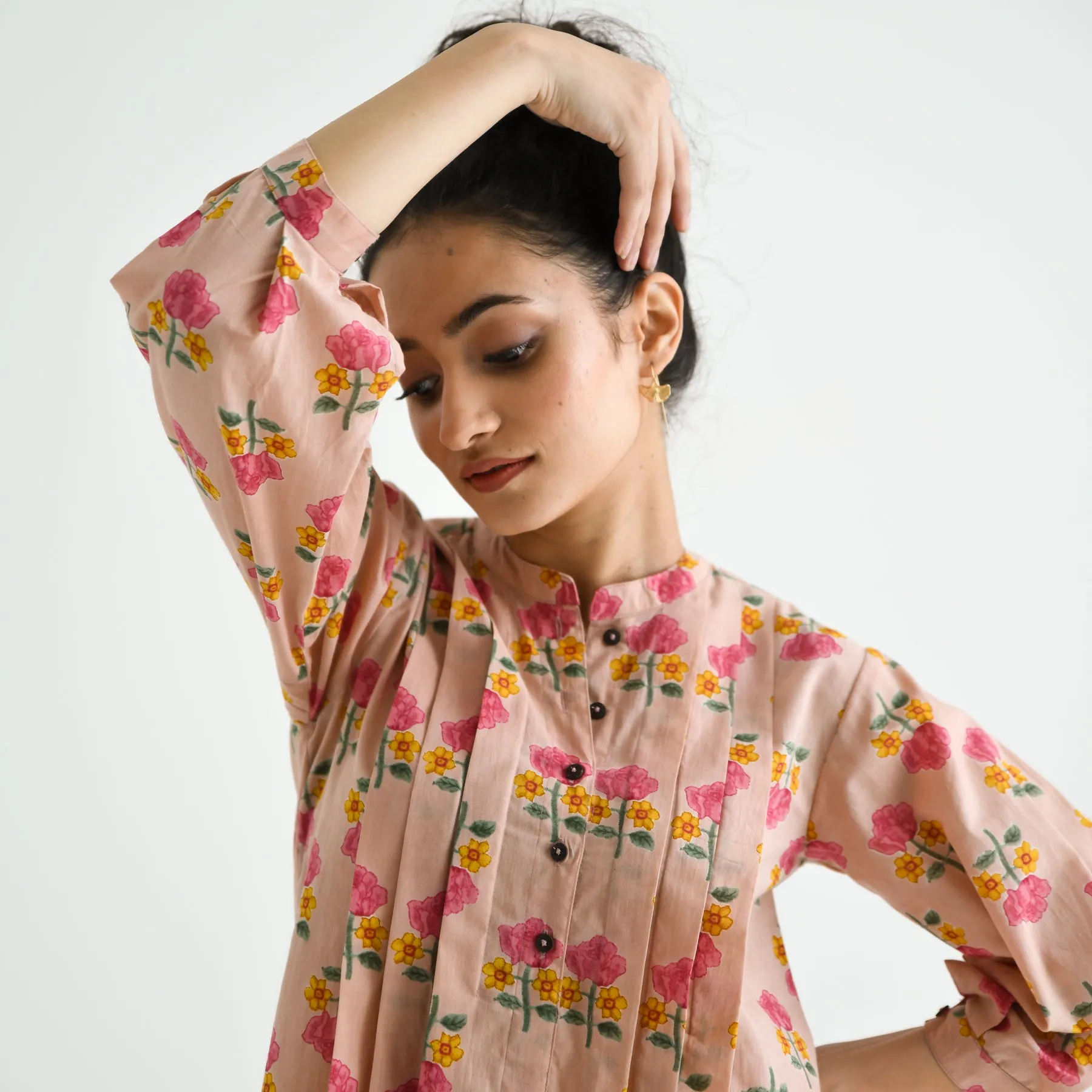 Baby Pink Floral Printed Cotton Tunic with Pintuck & Button Details