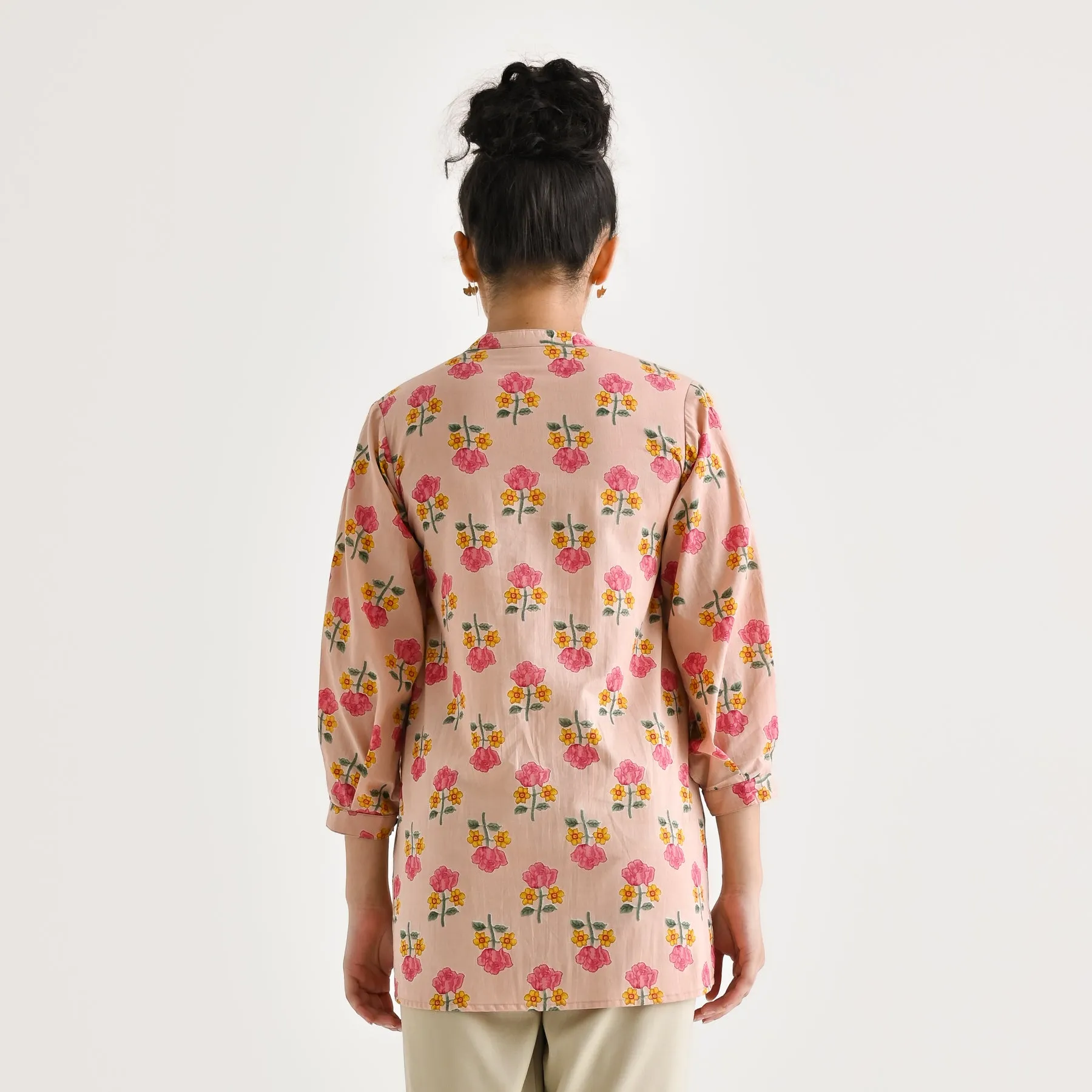 Baby Pink Floral Printed Cotton Tunic with Pintuck & Button Details