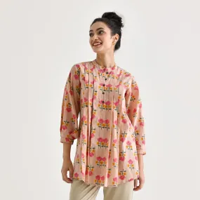 Baby Pink Floral Printed Cotton Tunic with Pintuck & Button Details