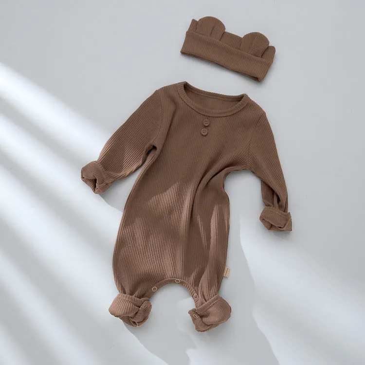 Baby Solid Color Pit Strip Graphic Long Sleeves Soft Cotton Romper Jumpsuit With Headband by MyKids-USA™