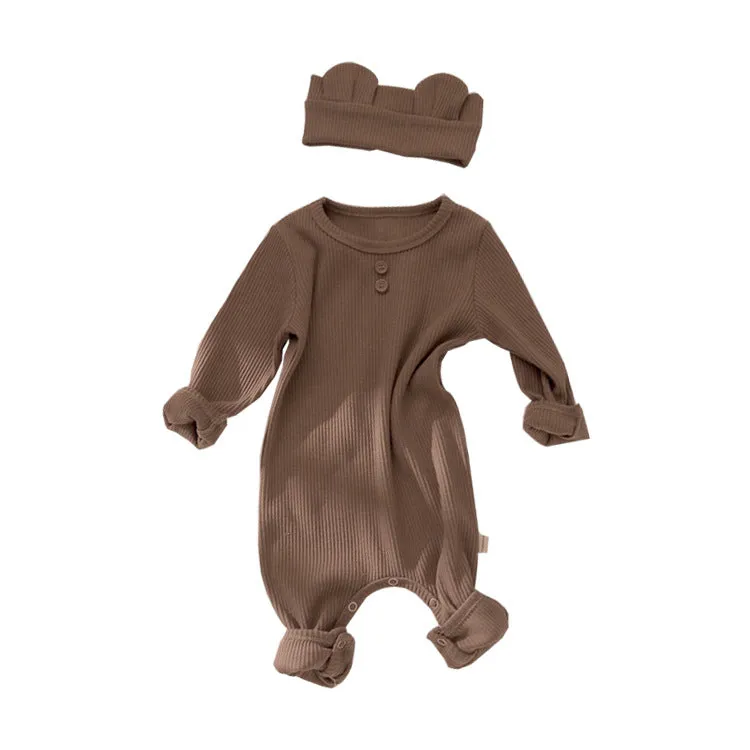 Baby Solid Color Pit Strip Graphic Long Sleeves Soft Cotton Romper Jumpsuit With Headband by MyKids-USA™