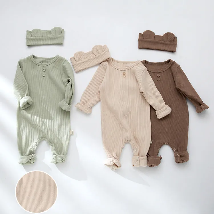 Baby Solid Color Pit Strip Graphic Long Sleeves Soft Cotton Romper Jumpsuit With Headband by MyKids-USA™
