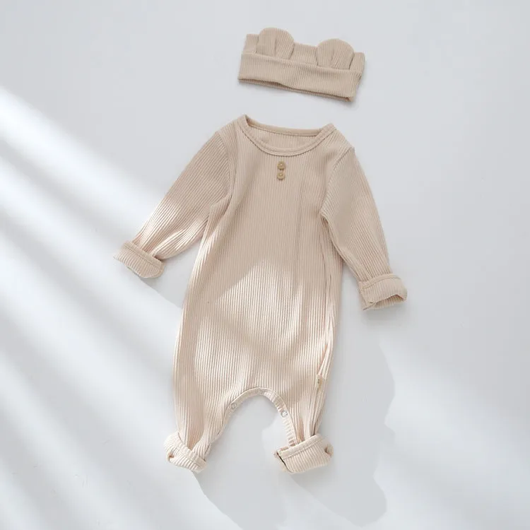 Baby Solid Color Pit Strip Graphic Long Sleeves Soft Cotton Romper Jumpsuit With Headband by MyKids-USA™