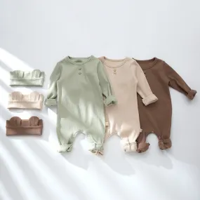 Baby Solid Color Pit Strip Graphic Long Sleeves Soft Cotton Romper Jumpsuit With Headband by MyKids-USA™