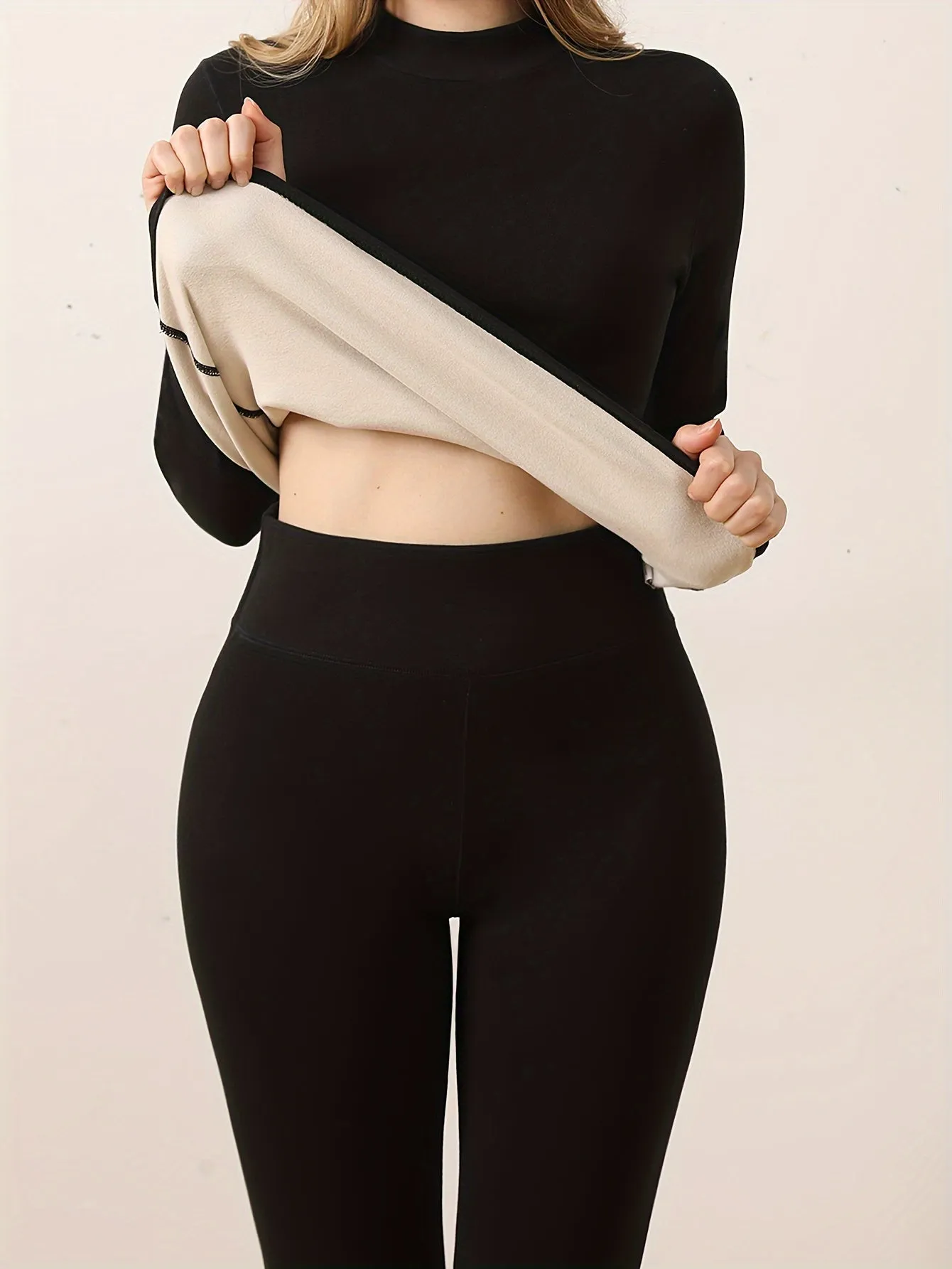 Basia |  Winter Plush Lined High Neck Long Sleeve Top & Pants - 2 Pieces Thermal Set