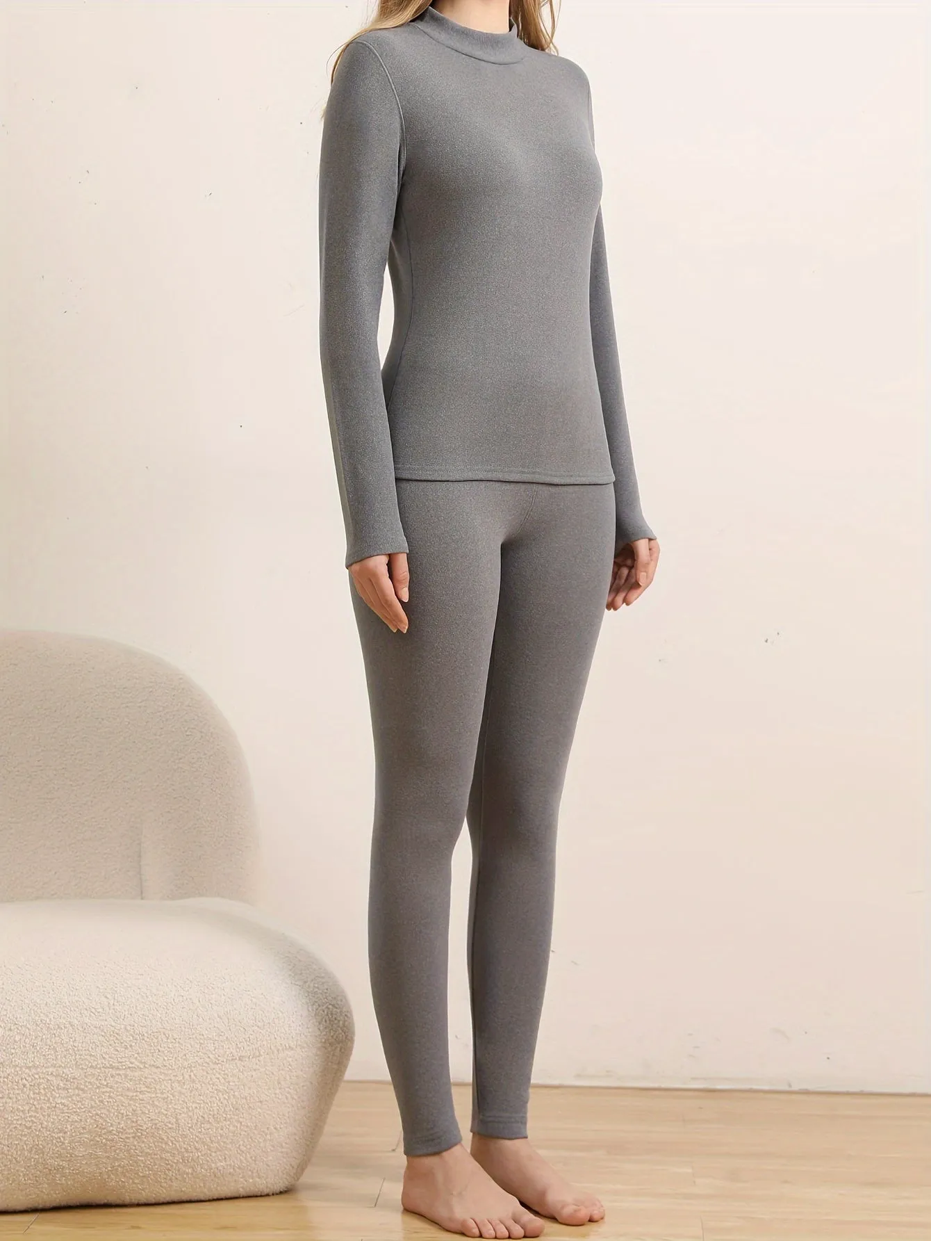 Basia |  Winter Plush Lined High Neck Long Sleeve Top & Pants - 2 Pieces Thermal Set