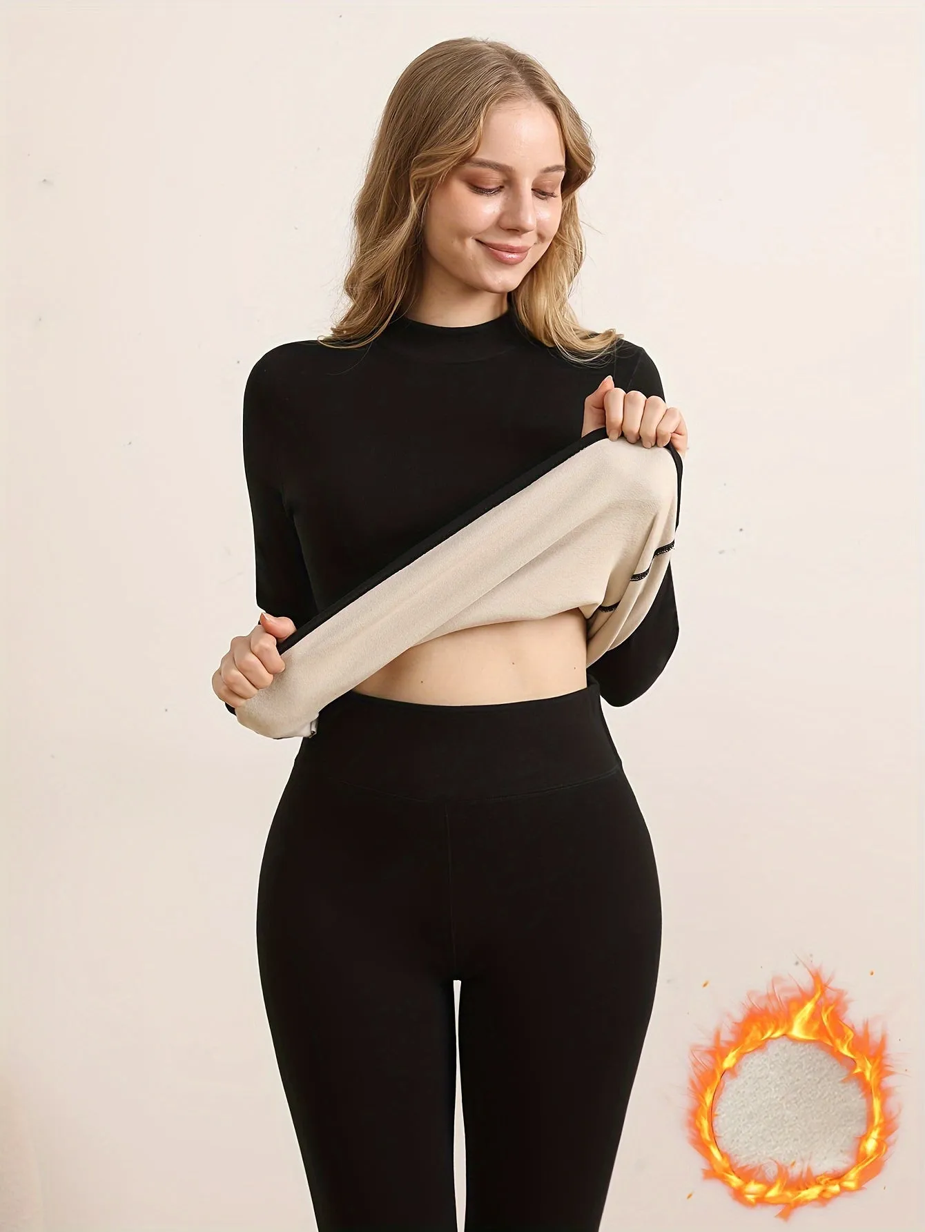 Basia |  Winter Plush Lined High Neck Long Sleeve Top & Pants - 2 Pieces Thermal Set