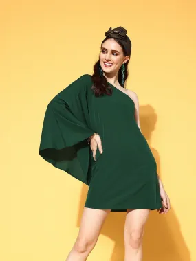 Berrylush Women Solid Green One-Shoulder Neck Batwing Sleeve Crepe Bodycon Mini Dress