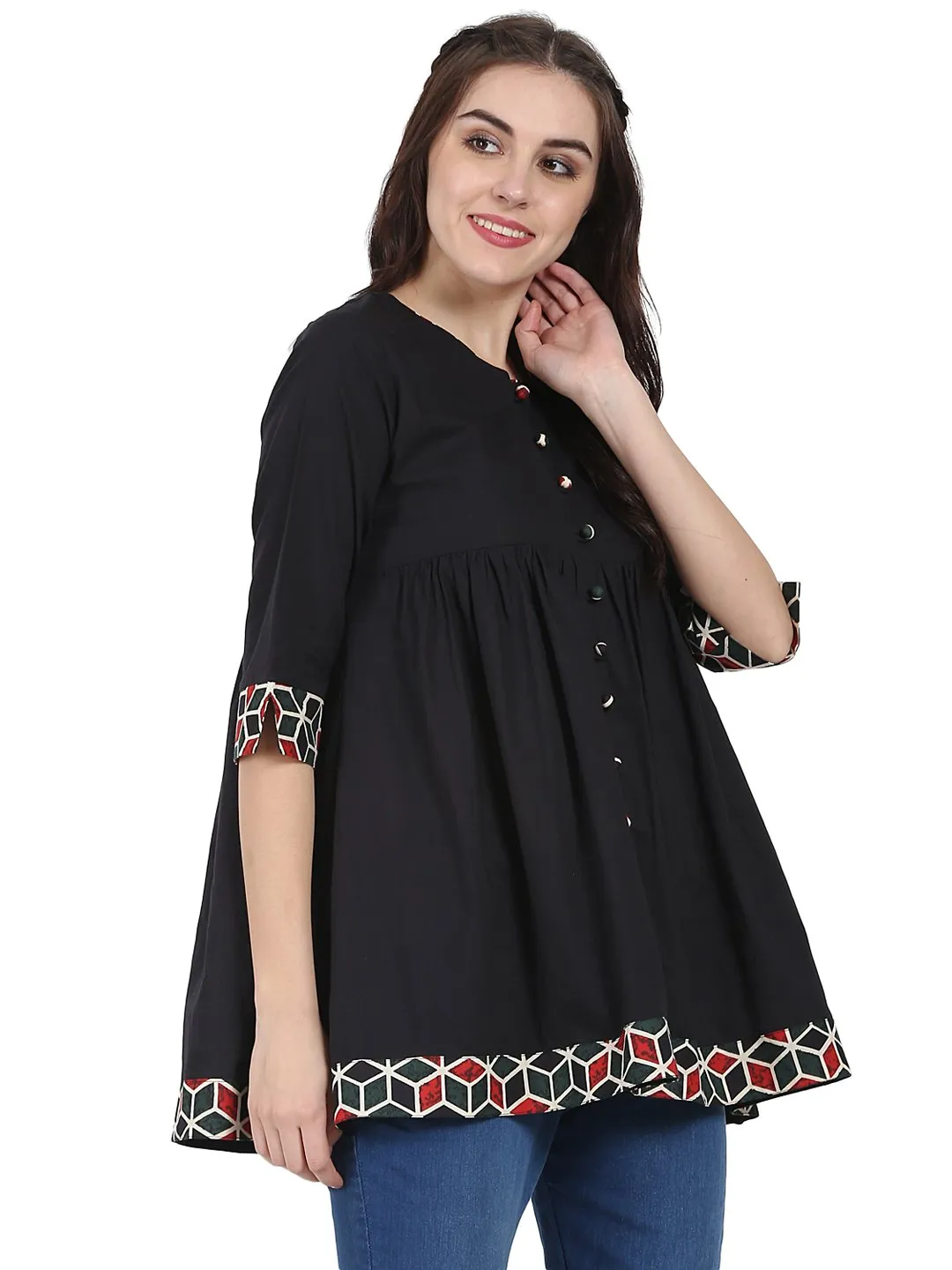 Black 3/4Th Sleeve Cotton A-Line Tunic