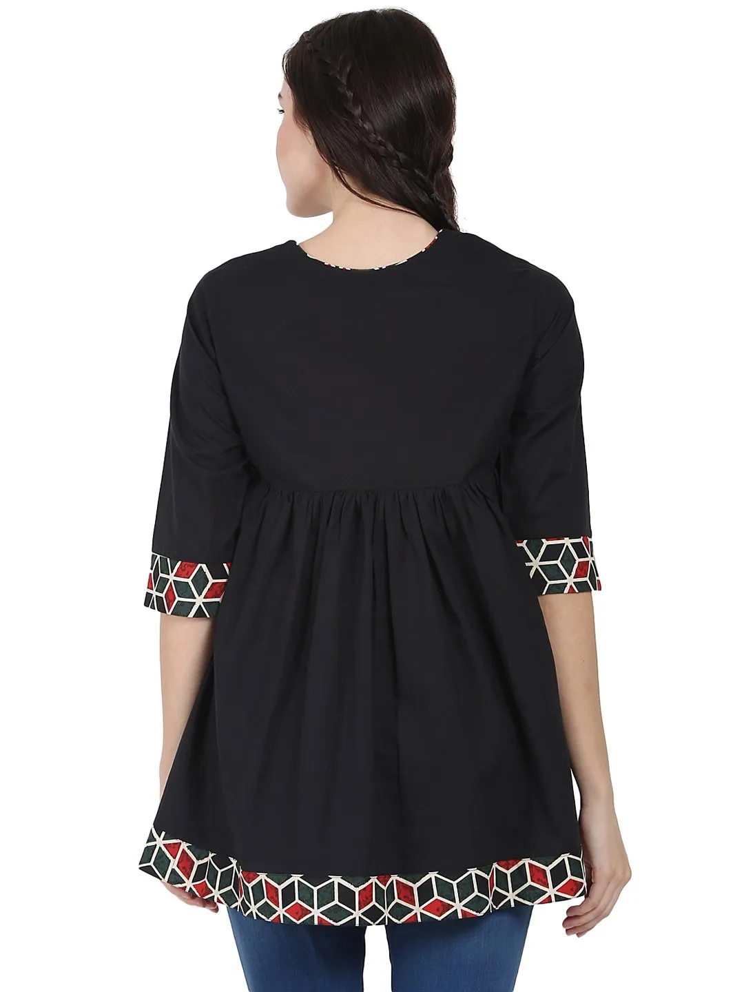 Black 3/4Th Sleeve Cotton A-Line Tunic
