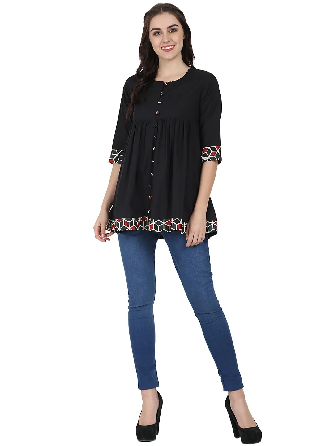 Black 3/4Th Sleeve Cotton A-Line Tunic