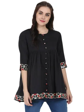 Black 3/4Th Sleeve Cotton A-Line Tunic