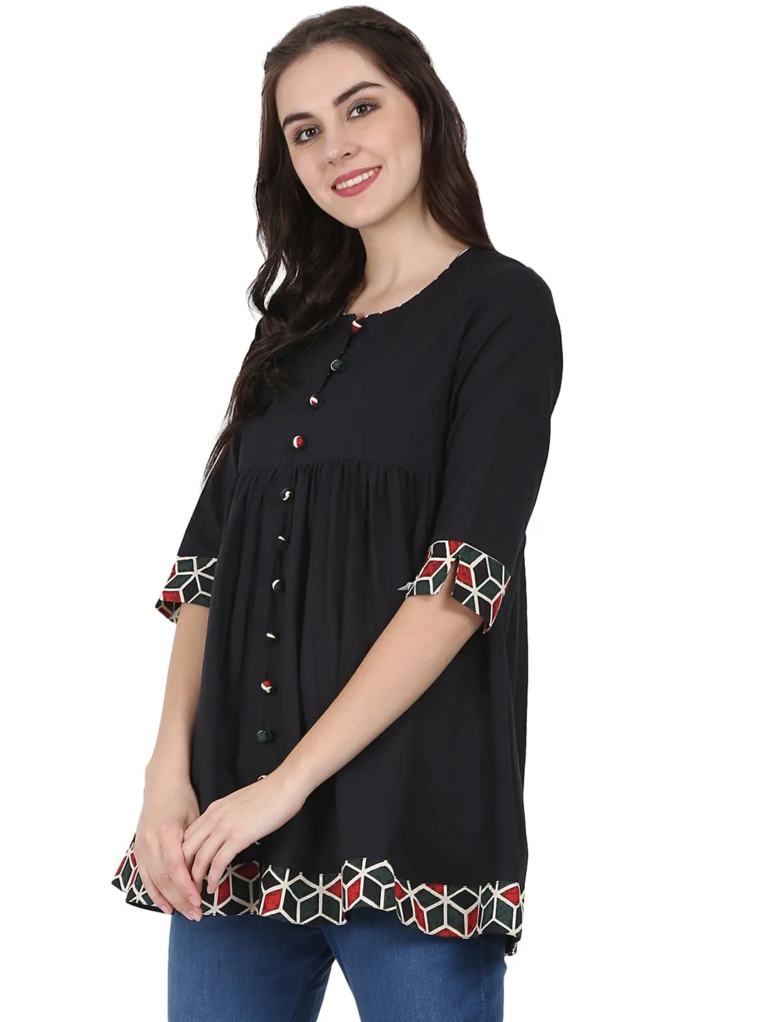 Black 3/4Th Sleeve Cotton A-Line Tunic