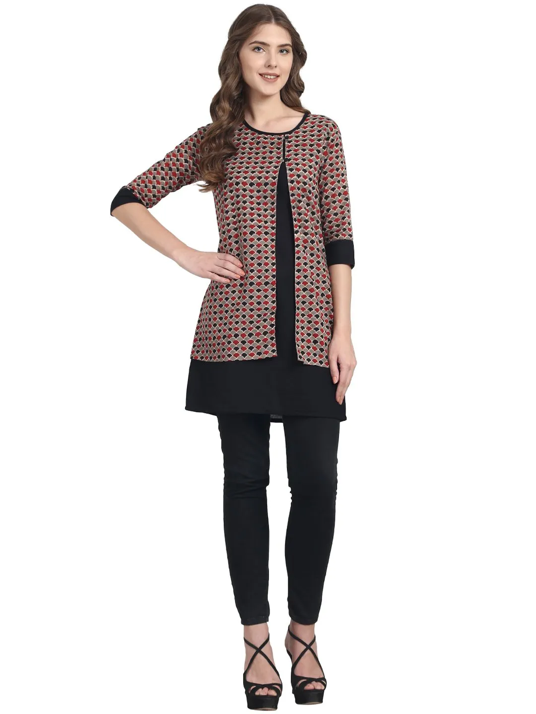 Black 3/4Th Sleeve Cotton Double Layer Tunic
