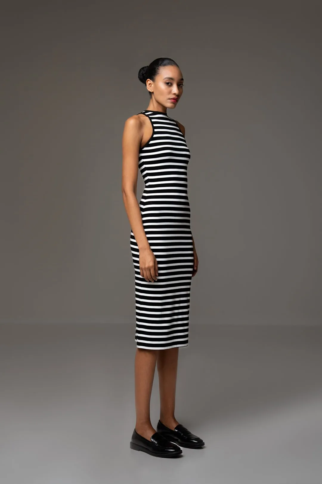 BLACK AND WHITE STRIPE MIDI DRESS