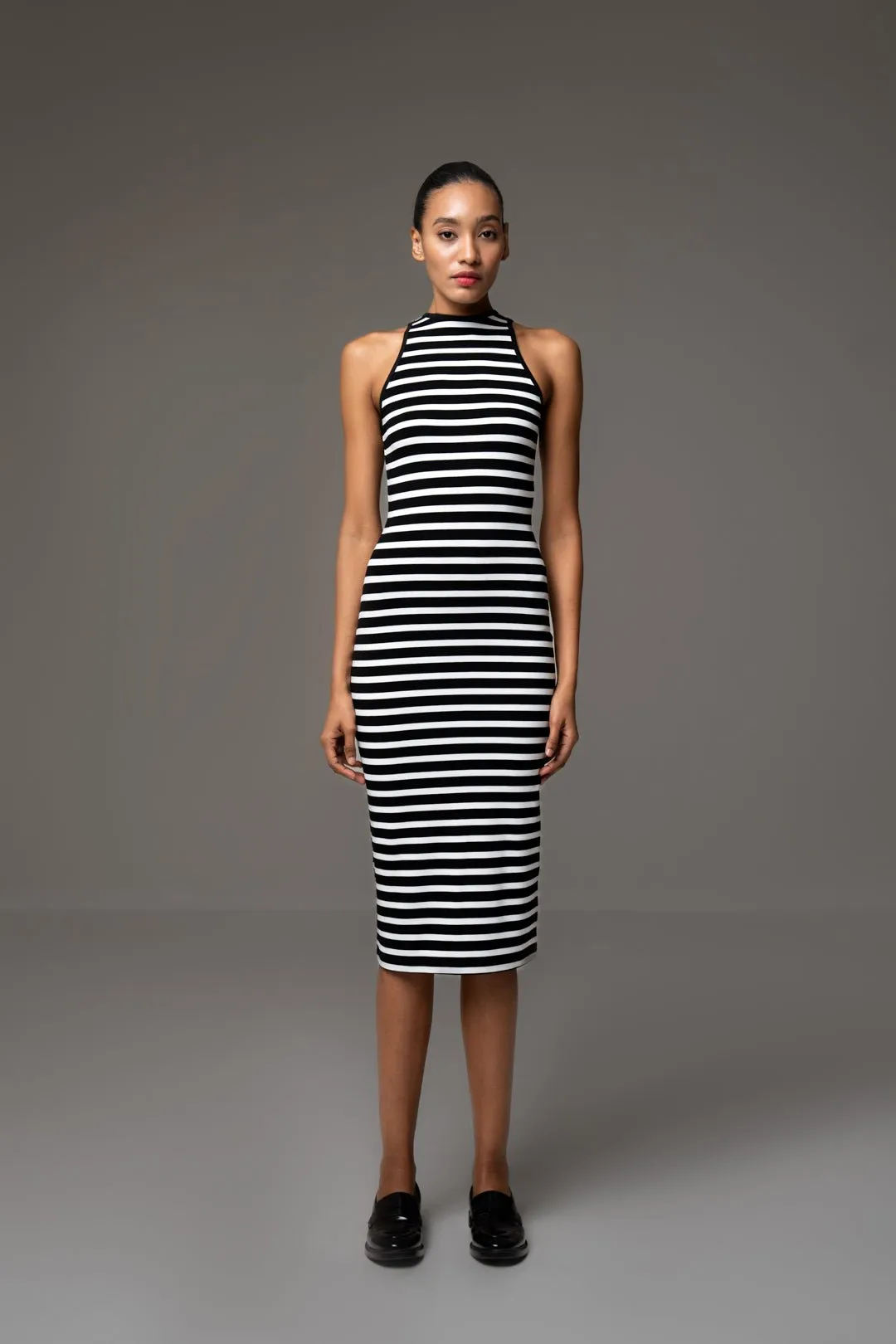 BLACK AND WHITE STRIPE MIDI DRESS