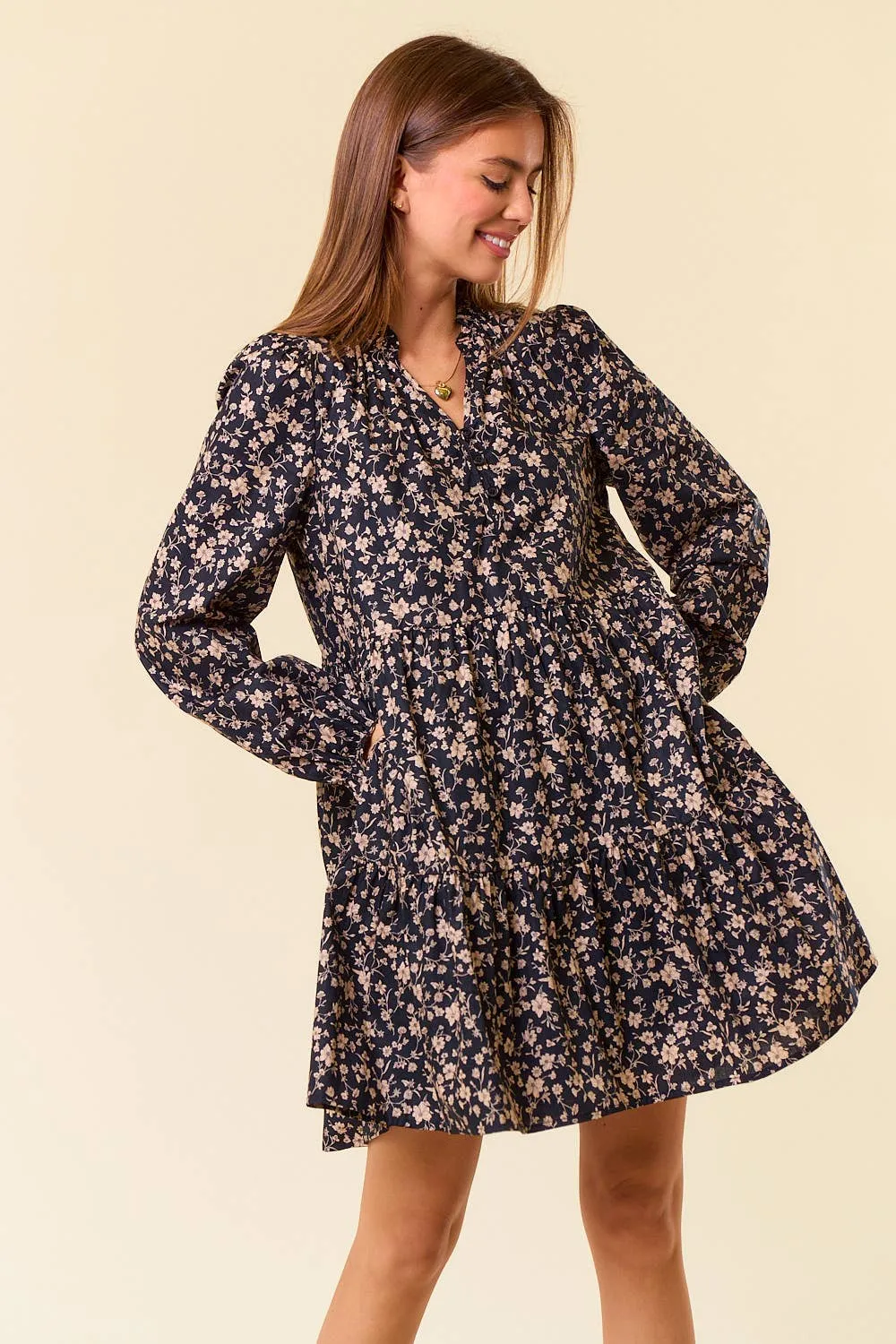 Black Floral Print Tiered Mini Dress