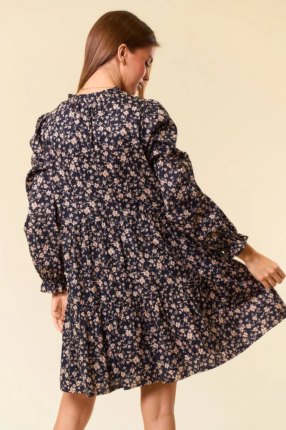 Black Floral Print Tiered Mini Dress