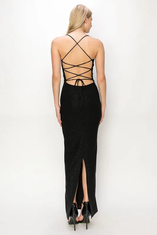 Black Glitter Crossed Back Maxi Dress
