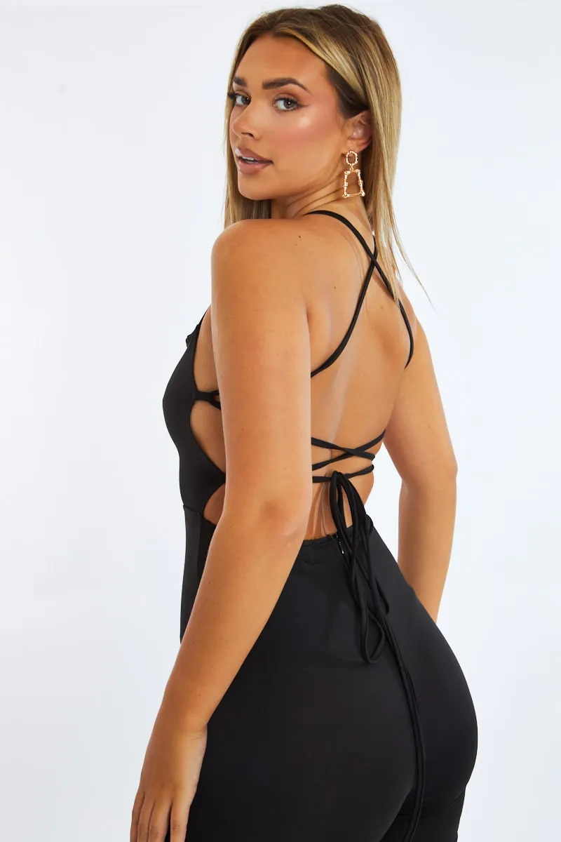 Black Lace Up Back Wide Leg Jumpsuit - Lyric