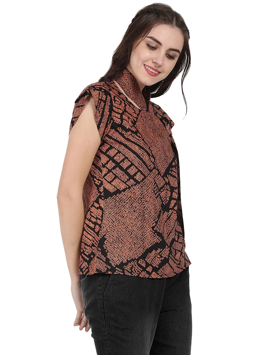 Black Printed Cap Sleeve Rayon Tunic