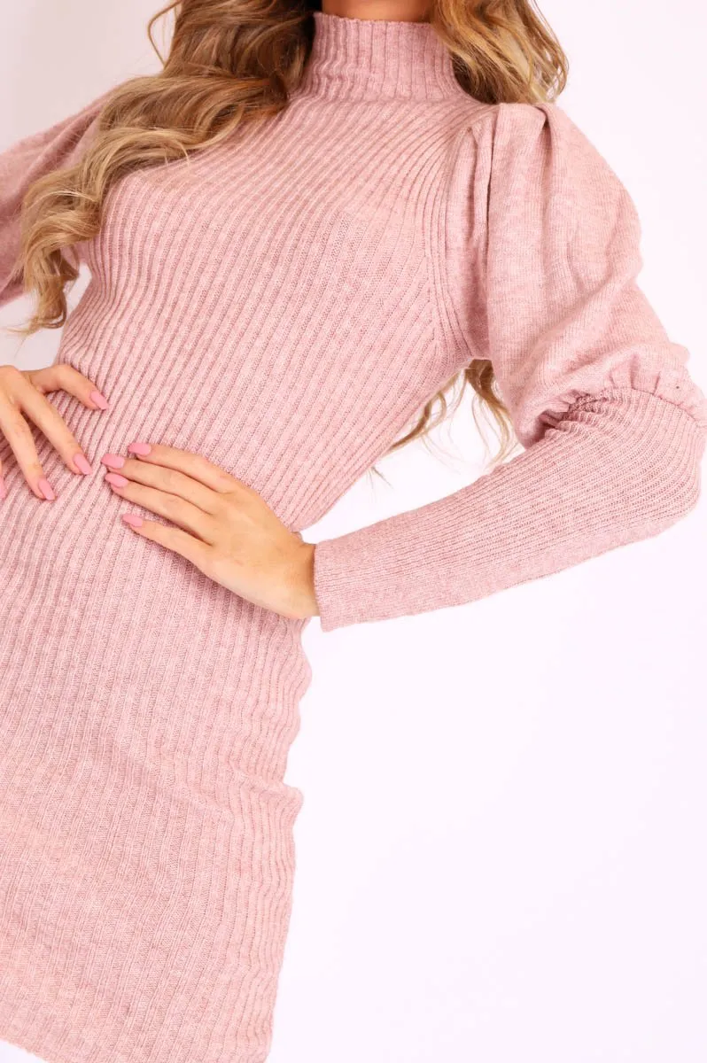 Blush High Neck Balloon Sleeve Knitted Dress - Ginna