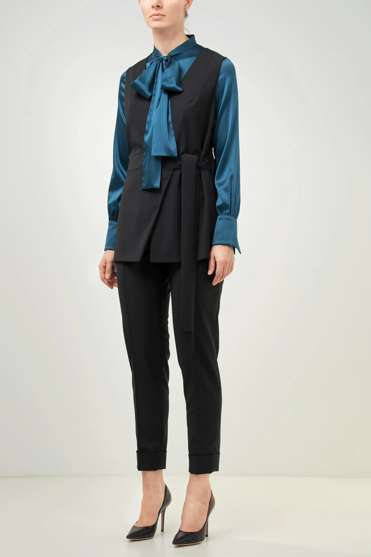 Bow-Tie Blue Stretch Silk Blouse