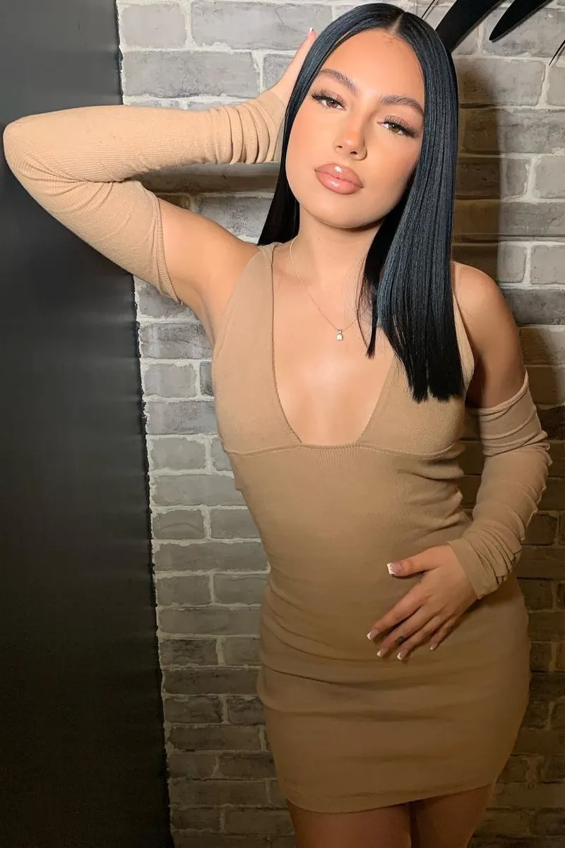 Camel Halter Neck Full Sleeve Cut Out Mini Dress - Jade