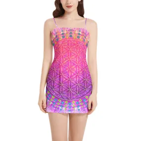 Cameron Gray | Flower Of Life | Sleeveless Square Neckline Spaghetti Strap Mini Dress
