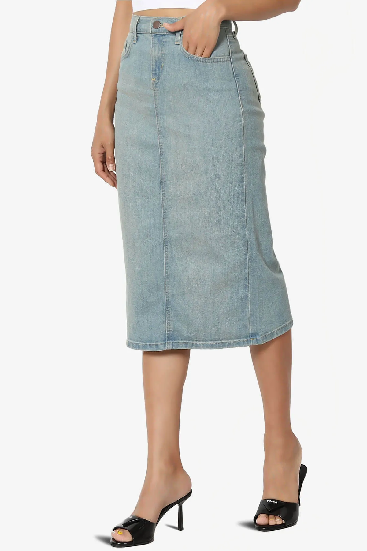 Celvin Washed Denim Pencil Midi Skirt