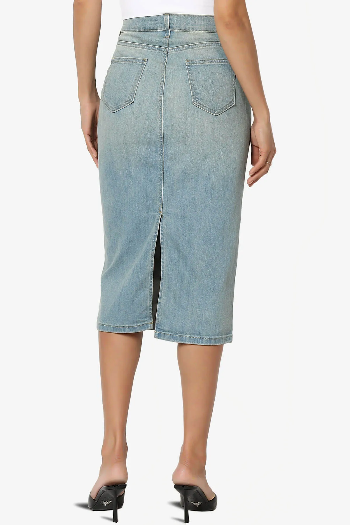 Celvin Washed Denim Pencil Midi Skirt