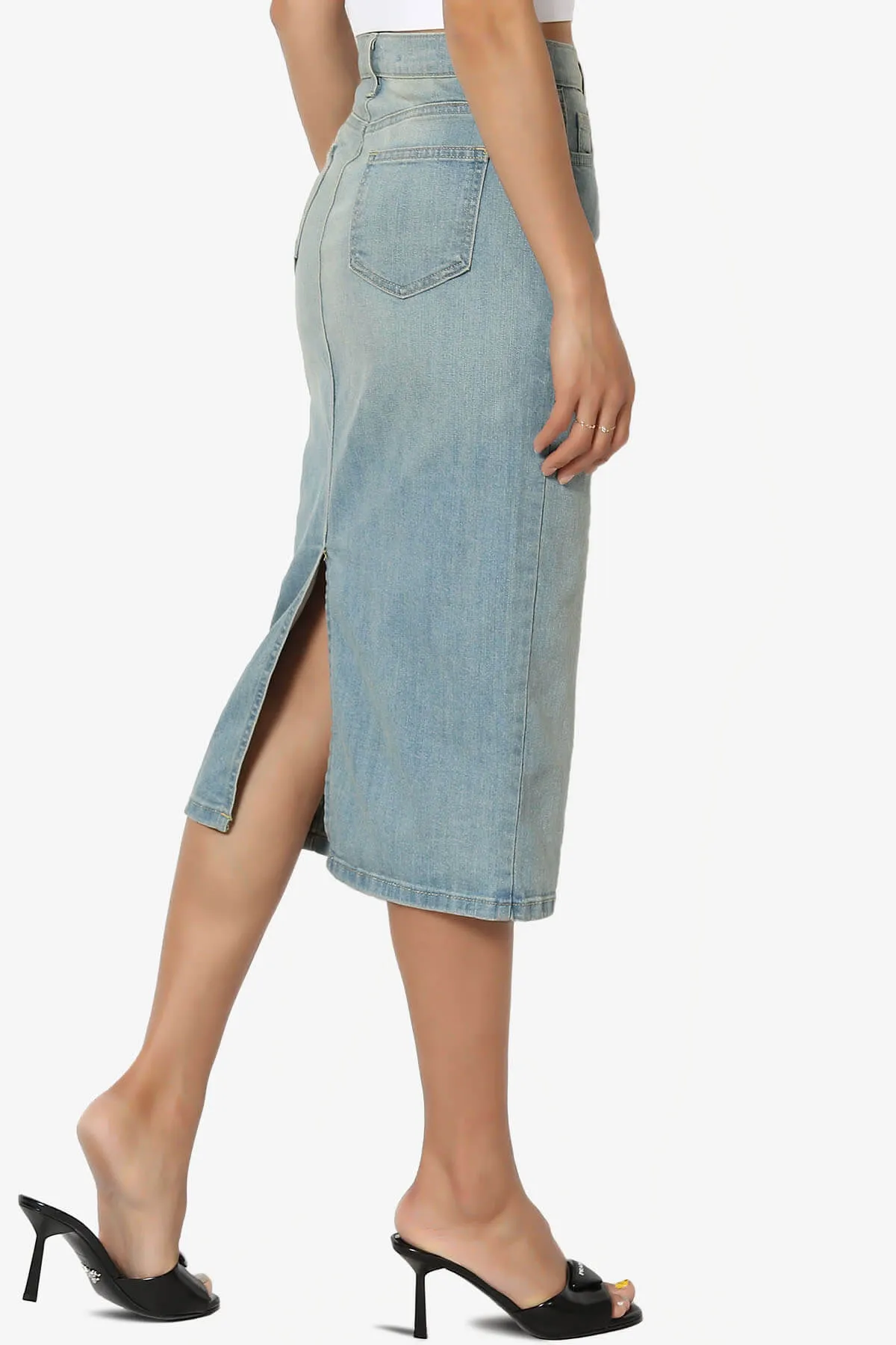 Celvin Washed Denim Pencil Midi Skirt