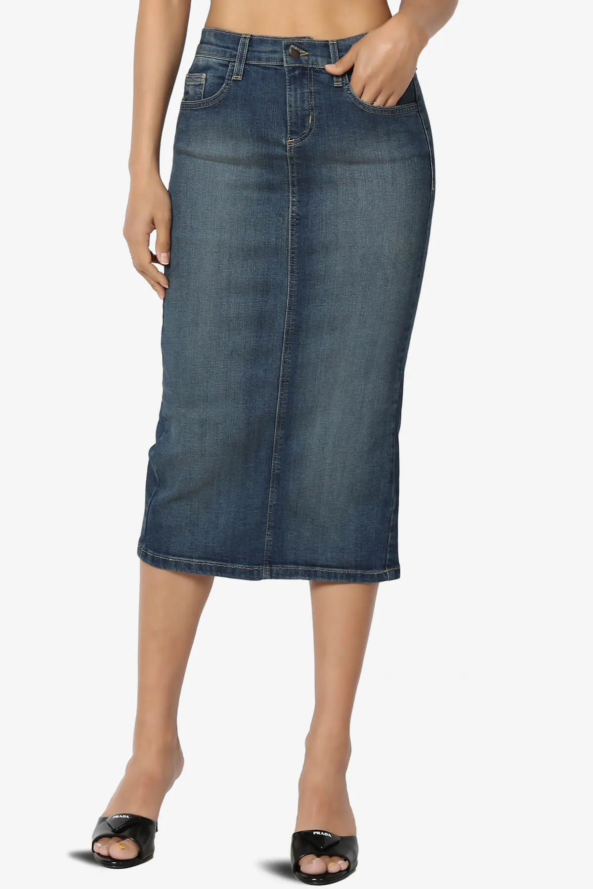 Celvin Washed Denim Pencil Midi Skirt