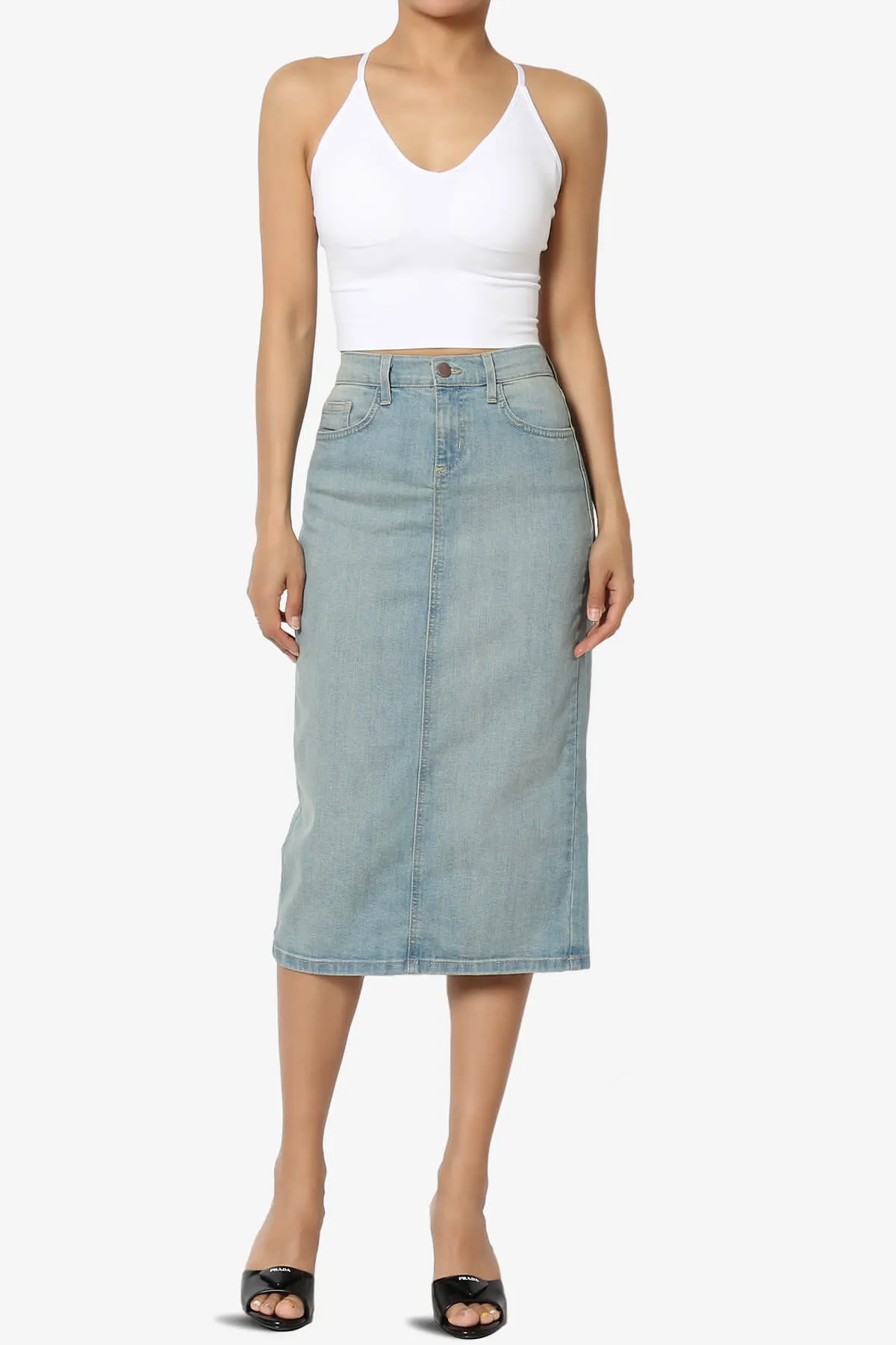 Celvin Washed Denim Pencil Midi Skirt
